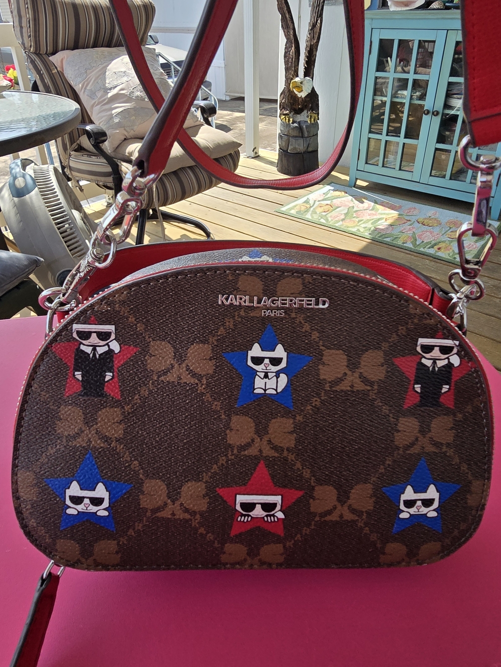 Karl Lagerfeld NWO Tag Paris Dome Crossbody Bag - Brown Red & Blue Star Accents